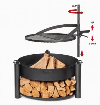 Preview: SET: Multifunktionale Feuerschale „MONTANA X“ 80 cm mit Grillrost 60 cm, Deckel 82,0 cm und runder dekorativer Steinbasis 100 cm