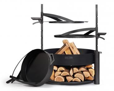 Preview: SET: Multifunktionale Feuerschale „MONTANA X“ 80 cm mit Grillrost 60 cm, zusätzlichem Mast und Pfanne aus Rohstahl 50 cm