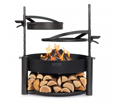 SET: Multifunktionale Feuerschale „MONTANA X“ 80 cm mit Grillrost 60 cm, zusätzlichem Mast und Pfanne aus Rohstahl 50 cm