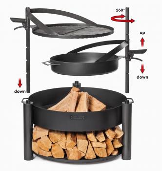 Preview: SET: Multifunktionale Feuerschale „MONTANA X“ 80 cm mit Grillrost 60 cm, zusätzlichem Mast und Pfanne aus Rohstahl 50 cm