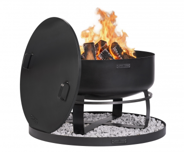 SET: Feuerschale XXL „VIKING“ 80 cm mit Randdeckel 81,5 cm und runder dekorativer Steinbasis 100 cm
