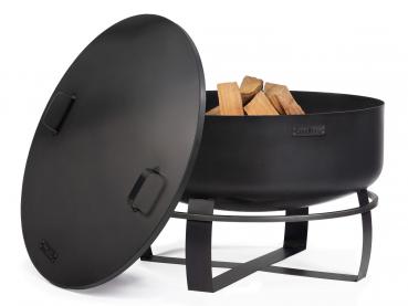 Preview: SET: Feuerschale XXL „VIKING“ 80 cm mit Randdeckel 81,5 cm und runder dekorativer Steinbasis 100 cm