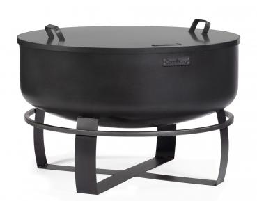 SET: Feuerschale XXL „VIKING“ 80 cm mit Randdeckel 81,5 cm und runder dekorativer Steinbasis 100 cm
