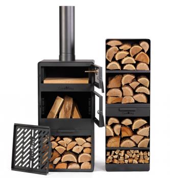 Preview: SET: Gartenofen „VENTO“ mit Backofen und doppelt gehärteten Glasscheiben, inkl. Grillrost aus Rohstahl und Holzregal „VENTO“ 120×40×30 cm