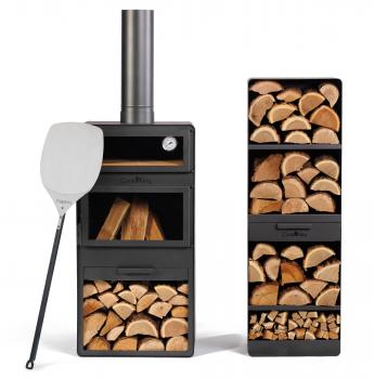 Preview: SET: Gartenofen „VENTO“ mit Backofen und doppelt gehärteten Glasscheiben, inkl. Grillrost aus Rohstahl und Holzregal „VENTO“ 120×40×30 cm