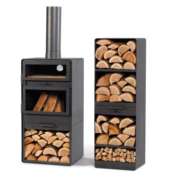 Preview: SET: Gartenofen „VENTO“ mit Backofen und doppelt gehärteten Glasscheiben, inkl. Grillrost aus Rohstahl und Holzregal „VENTO“ 120×40×30 cm