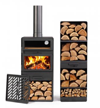 SET: Gartenofen „VENTO“ mit Backofen und doppelt gehärteten Glasscheiben, inkl. Grillrost aus Rohstahl und Holzregal „VENTO“ 120×40×30 cm