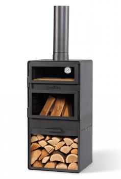 SET: Gartenofen „VENTO“ mit Backofen und doppelt gehärteten Glasscheiben, inkl. Grillrost aus Rohstahl und Holzregal „VENTO“ 120×40×30 cm