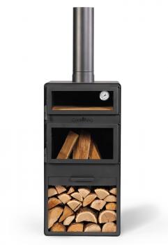 SET: Gartenofen „VENTO“ mit Backofen und doppelt gehärteten Glasscheiben, inkl. Grillrost aus Rohstahl und Holzregal „VENTO“ 120×40×30 cm