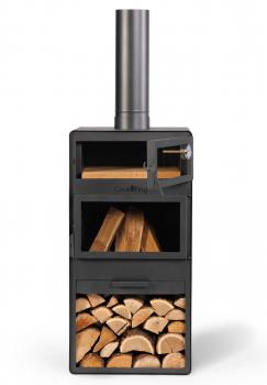 SET: Gartenofen „VENTO“ mit Backofen und doppelt gehärteten Glasscheiben, inkl. Grillrost aus Rohstahl und Holzregal „VENTO“ 120×40×30 cm