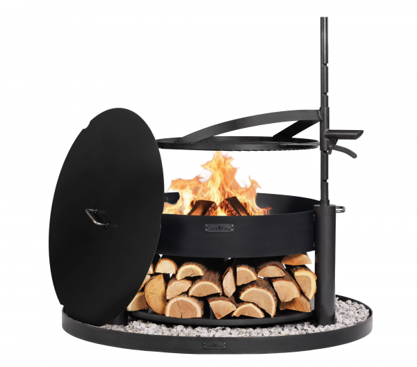 SET: Multifunktionale Feuerschale „MONTANA X“ 80 cm mit Grillrost 60 cm, Deckel 82,0 cm und runder dekorativer Steinbasis 100 cm