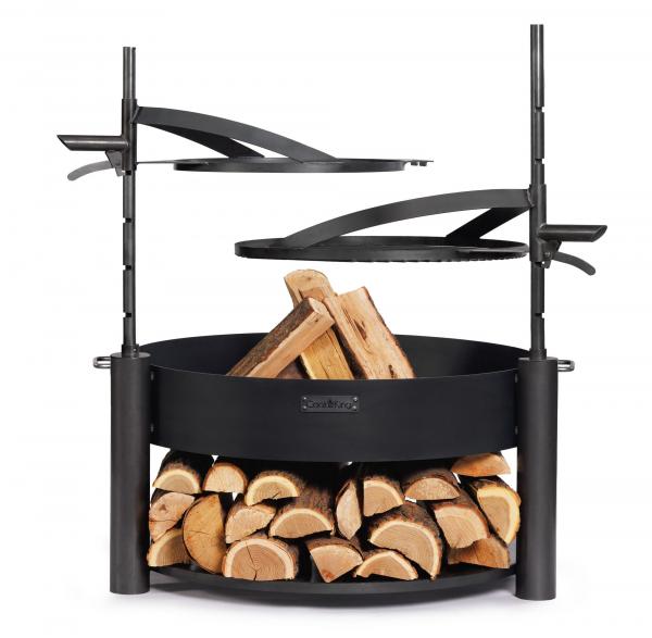 SET: Multifunktionale Feuerschale „MONTANA X“ 80 cm mit Grillrost 60 cm, zusätzlichem Mast und Pfanne aus Rohstahl 50 cm