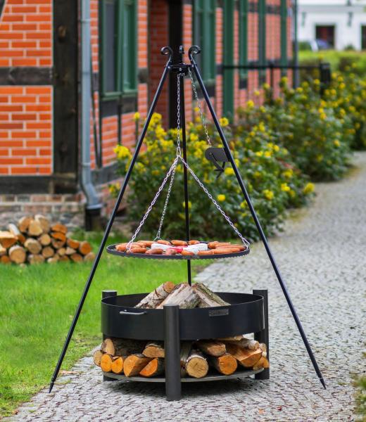 SET: Feuerschale „MONTANA“ 80 cm mit Schwenkgrill 180 cm mit Kurbel und Grillrost aus Rohstahl 70 cm