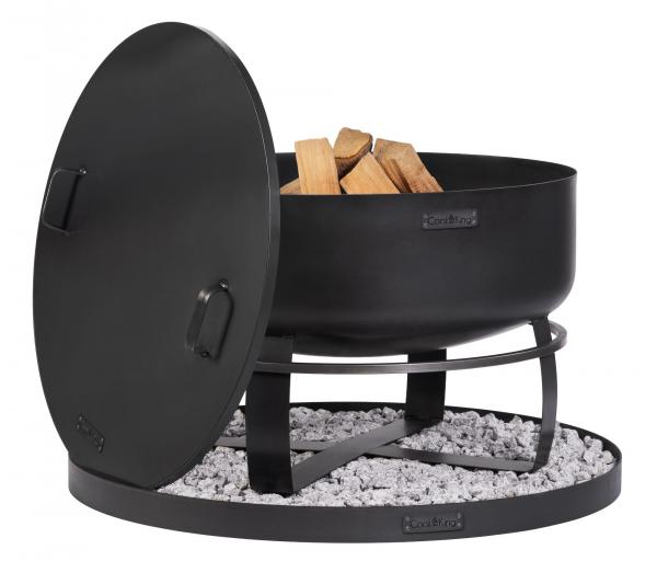 SET: Feuerschale XXL „VIKING“ 80 cm mit Randdeckel 81,5 cm und runder dekorativer Steinbasis 100 cm