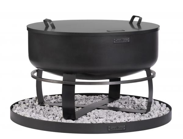 SET: Feuerschale XXL „VIKING“ 80 cm mit Randdeckel 81,5 cm und runder dekorativer Steinbasis 100 cm