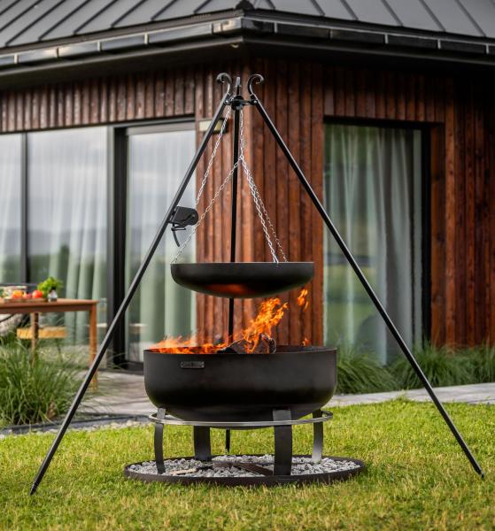 SET: Feuerschale XXL „VIKING“ 80 cm mit Schwenkgrill 180 cm mit Kurbel und Grillrost aus Rohstahl 70 cm