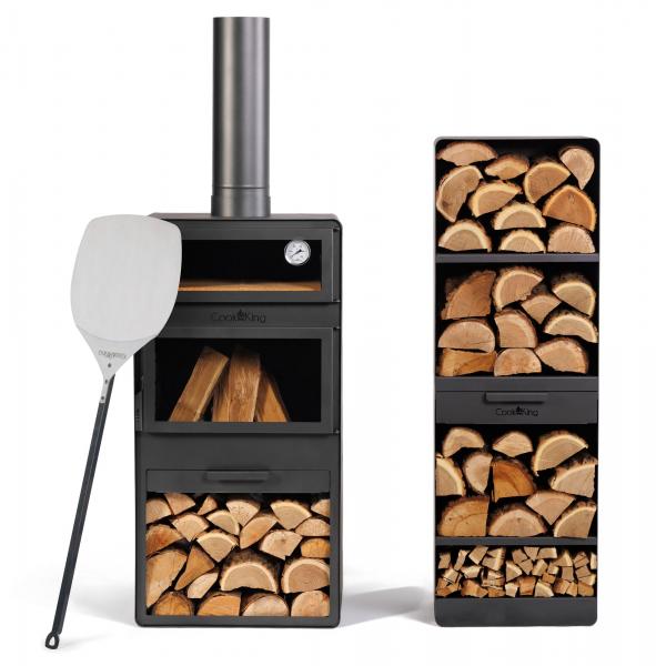 SET: Gartenofen „VENTO“ mit Backofen und doppelt gehärteten Glasscheiben, inkl. Grillrost aus Rohstahl und Holzregal „VENTO“ 120×40×30 cm