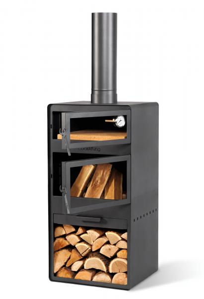 SET: Gartenofen „VENTO“ mit Backofen und doppelt gehärteten Glasscheiben, inkl. Grillrost aus Rohstahl und Holzregal „VENTO“ 120×40×30 cm