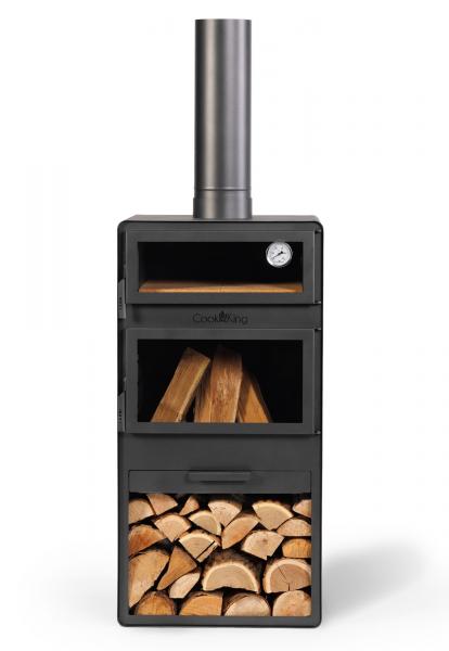 SET: Gartenofen „VENTO“ mit Backofen und doppelt gehärteten Glasscheiben, inkl. Grillrost aus Rohstahl und Holzregal „VENTO“ 120×40×30 cm