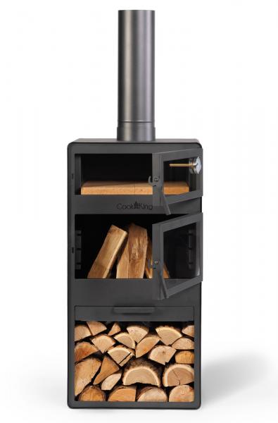 SET: Gartenofen „VENTO“ mit Backofen und doppelt gehärteten Glasscheiben, inkl. Grillrost aus Rohstahl und Holzregal „VENTO“ 120×40×30 cm