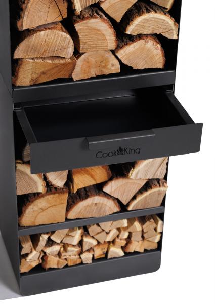 SET: Gartenofen „VENTO“ mit Backofen und doppelt gehärteten Glasscheiben, inkl. Grillrost aus Rohstahl und Holzregal „VENTO“ 120×40×30 cm
